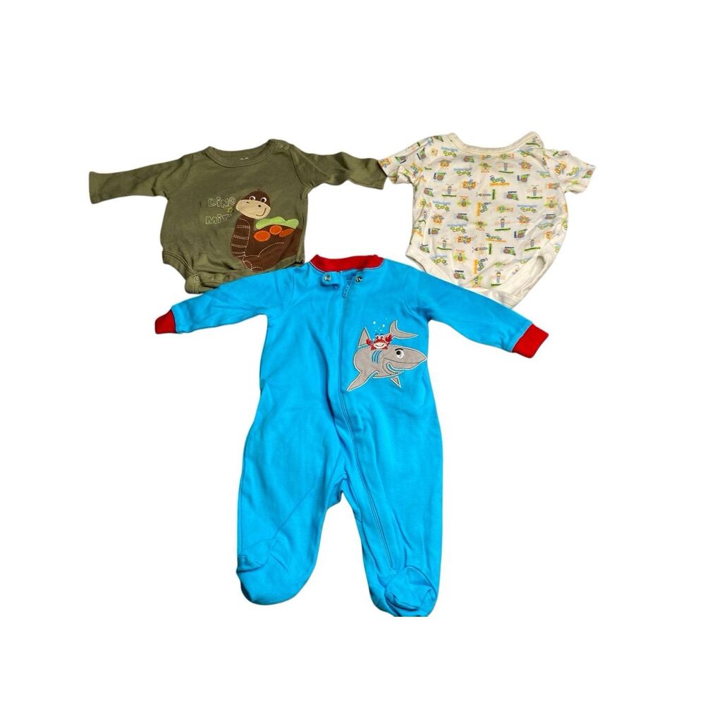 Lot of 3 Faded Glory Garanimals Baby Bodysuit Sleeper Bundle Dinosaur Shark 0-3M